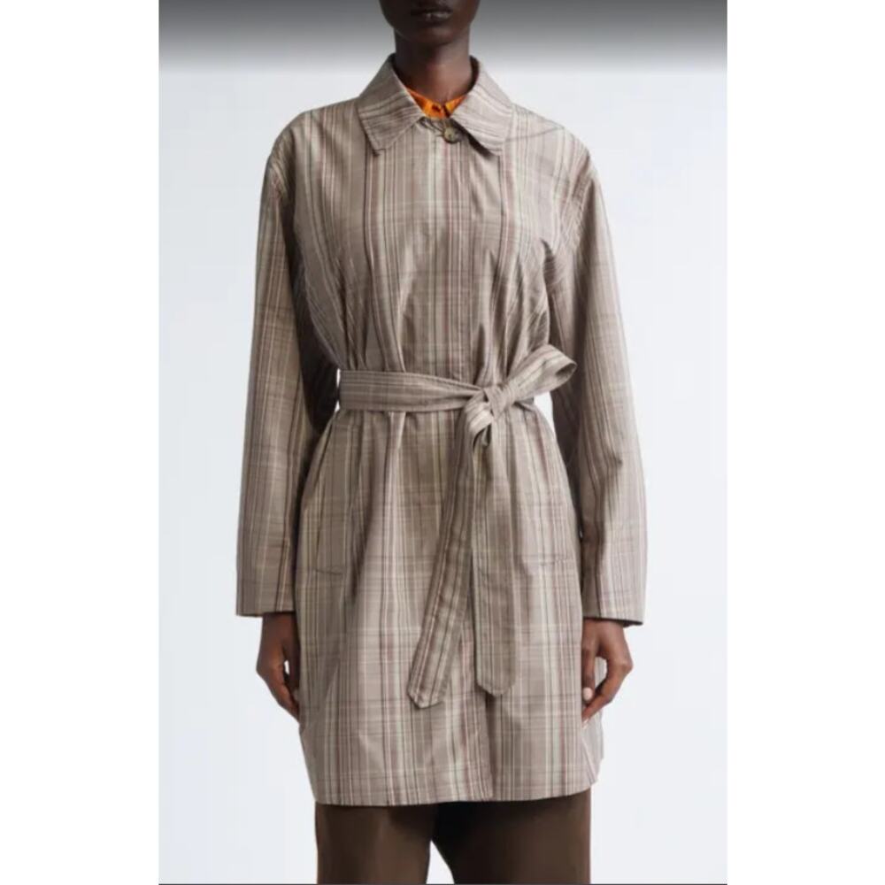 Alice Blue Plaid Trench Coat Duster Jacket Lightweight Belted Tan - Size L